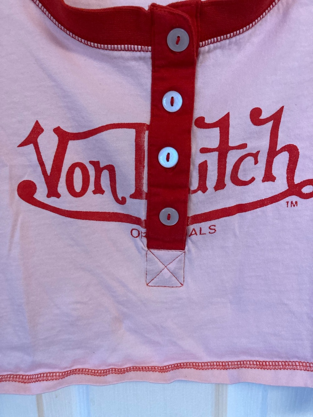 Von Dutch Pink Cropped Henley with Red Trim - Picture 3 of 6